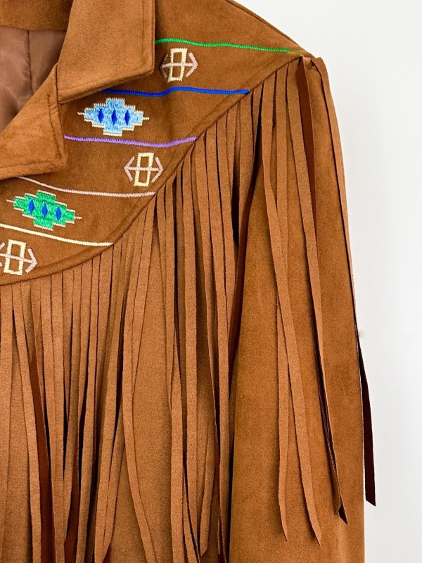 Embroidery detailed suede fringed jacket