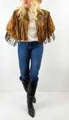 Embroidery detailed suede fringed jacket