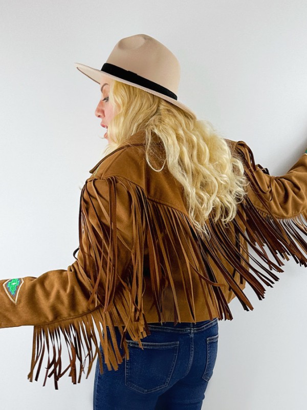 Embroidery detailed suede fringed jacket