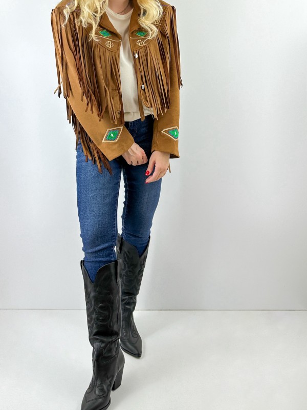 Embroidery detailed suede fringed jacket