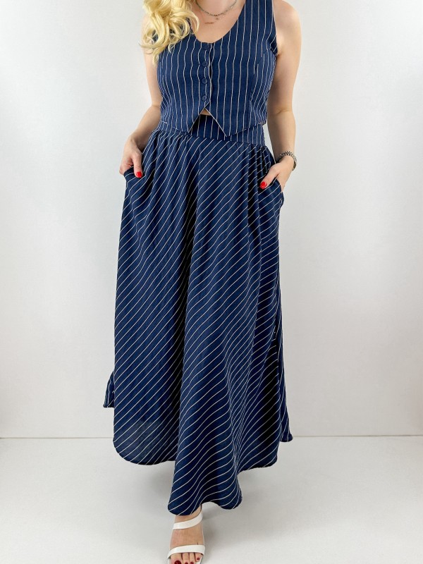 White striped navy vest skirt set