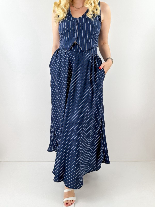 White striped navy vest skirt set